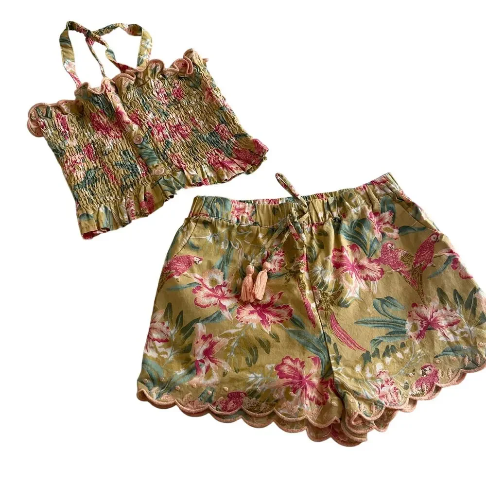 Louise Misha Malika Patchouli Floral Smocked Tank Embroidered Shorts Set 4Y